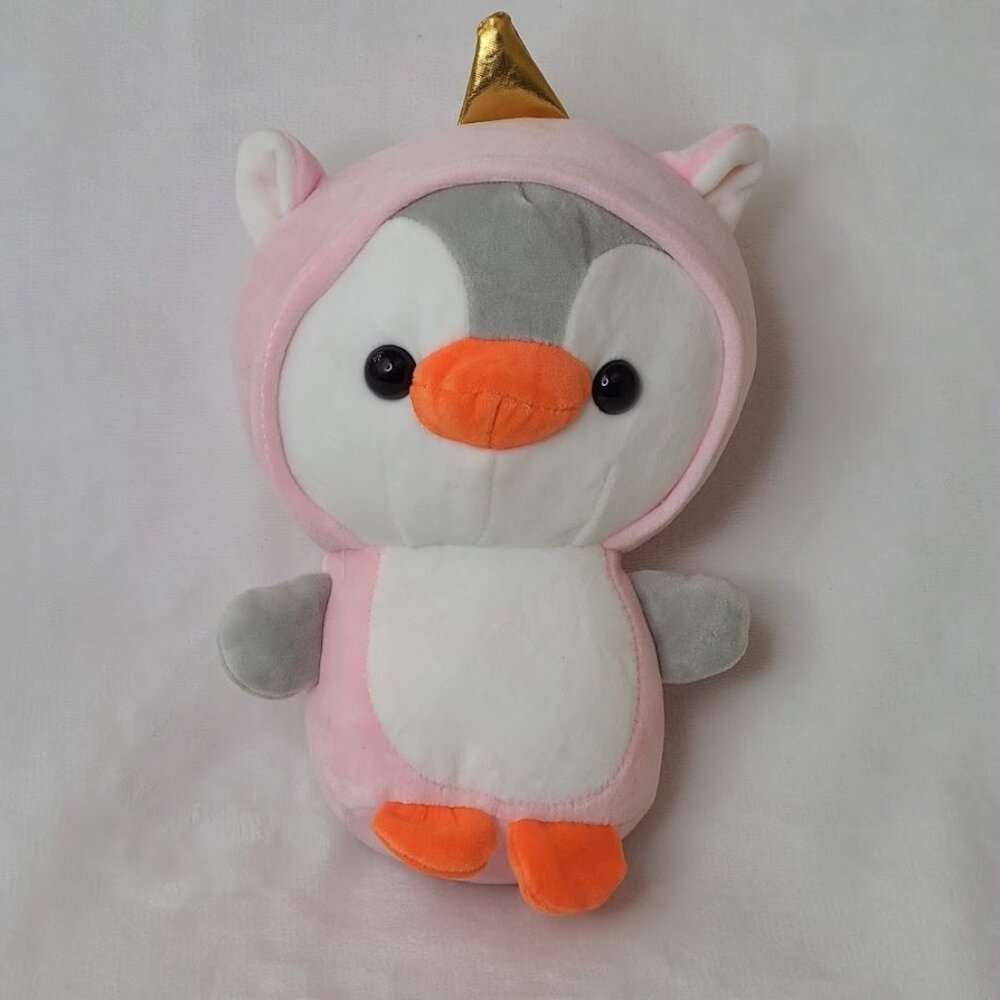 Penguin Doll in Pink Unicorn Hoodie Stuffed Plush Animal 10" Suction Hanger - Picture 2 of 7